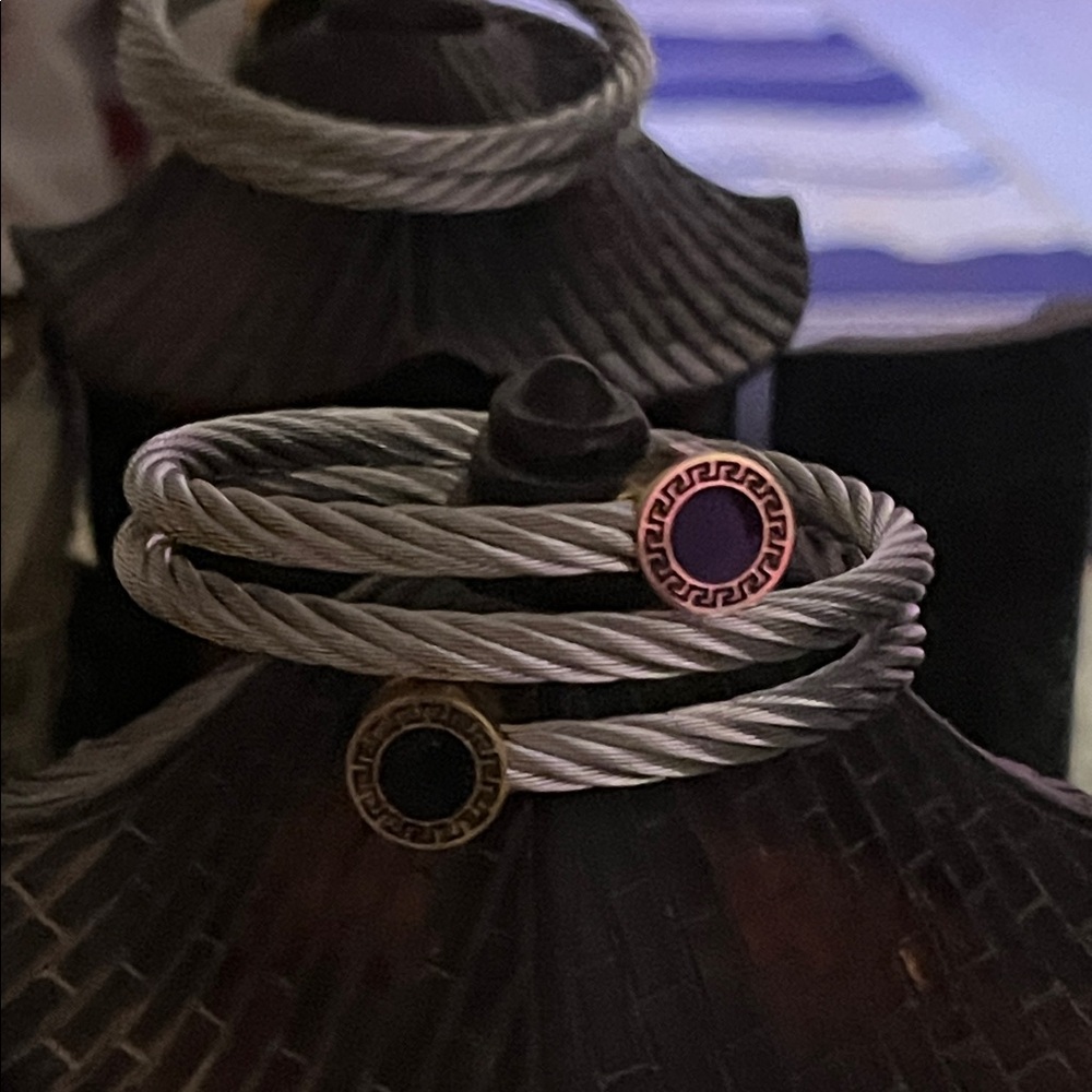 Stainless steel Cable Bracelet/ w gold and black ends